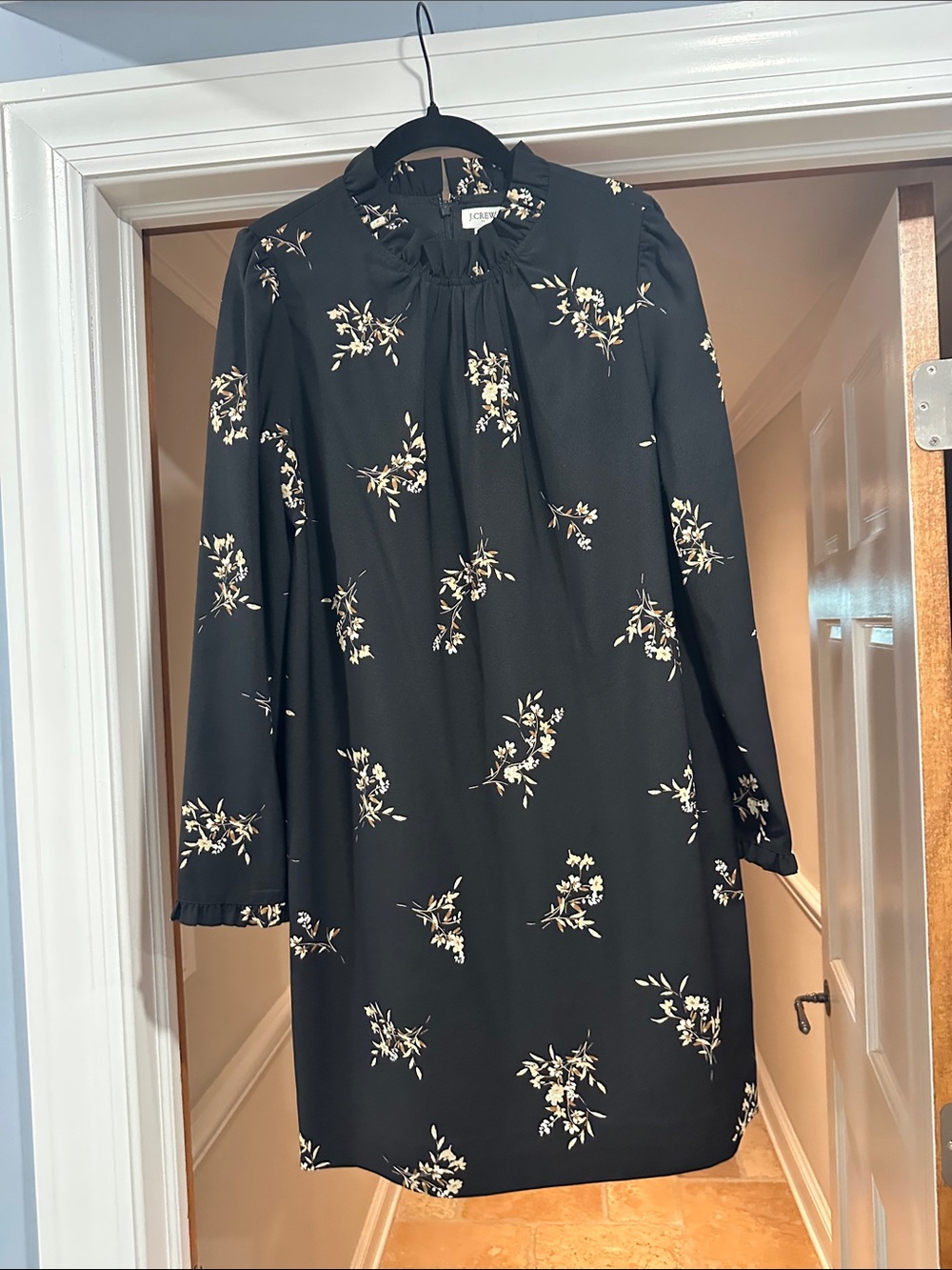J. Crew Black Floral Long-Sleeve Ruffle-Neck Dress